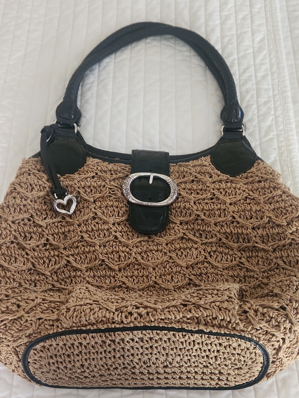 Brighton Brown Woven Tote with Black Trim and Heart Charm